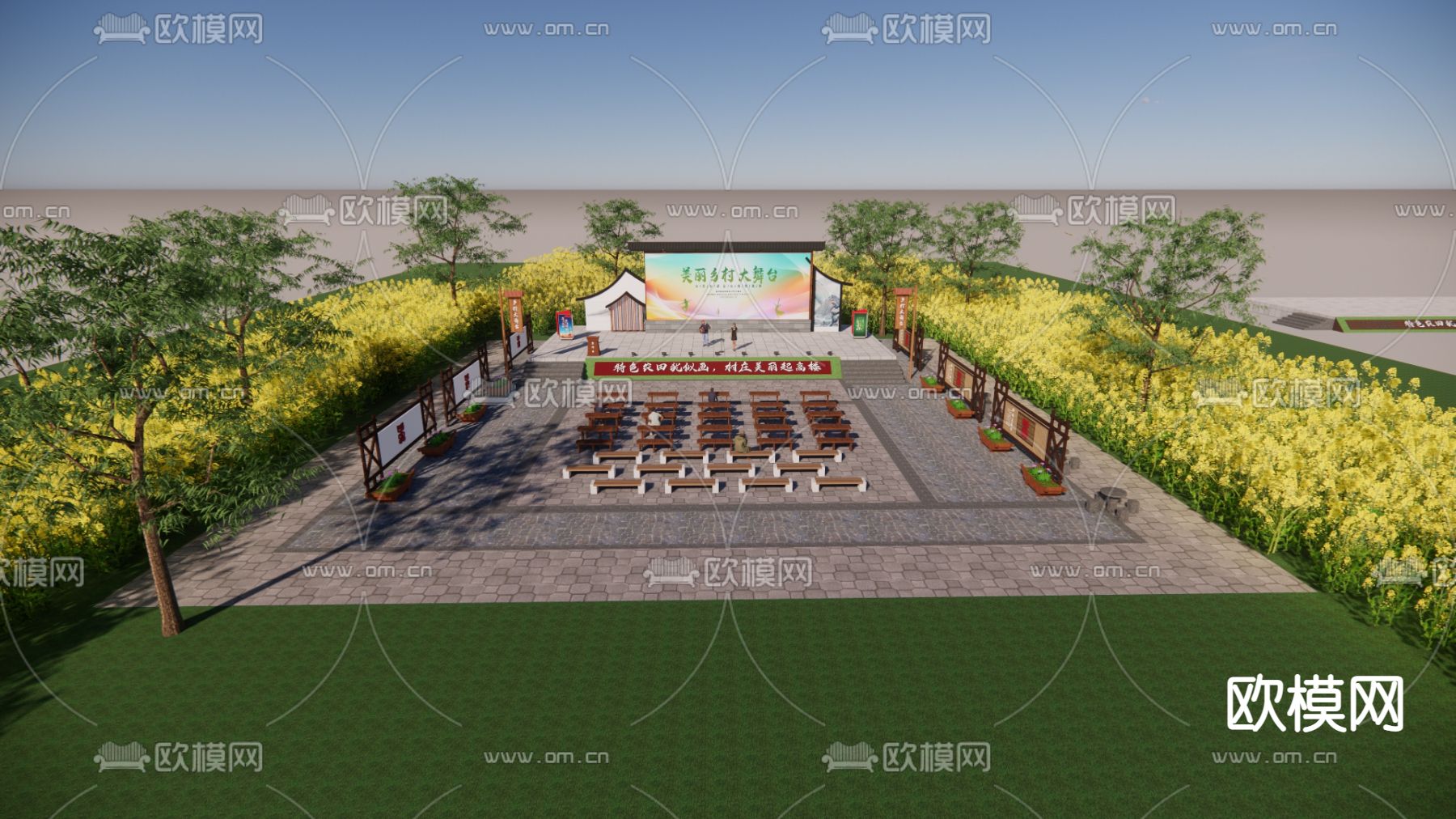 新中式乡村大舞台su模型下载（渲染图3）