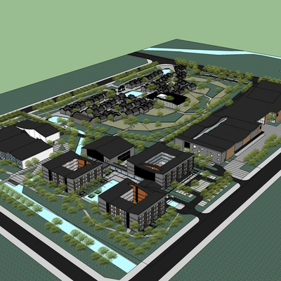  新中式学校鸟瞰su模型 