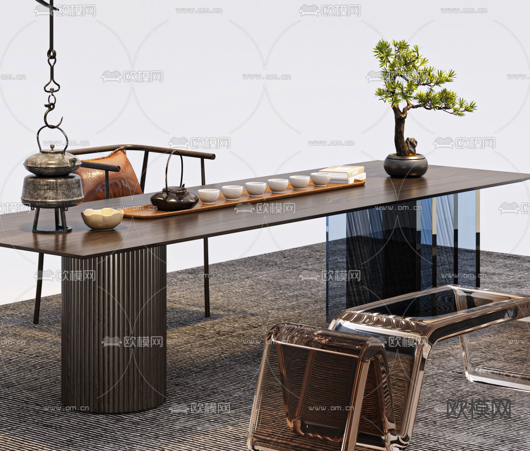 新中式茶桌椅3d模型下载（渲染图2）