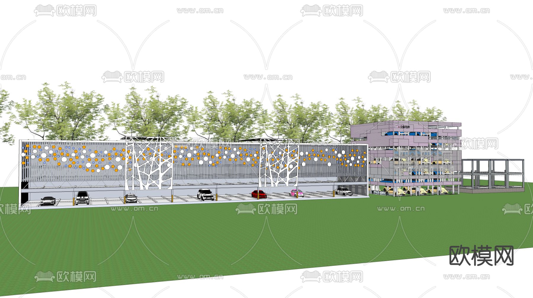 现代立体停车场 停车库su模型下载（渲染图1）