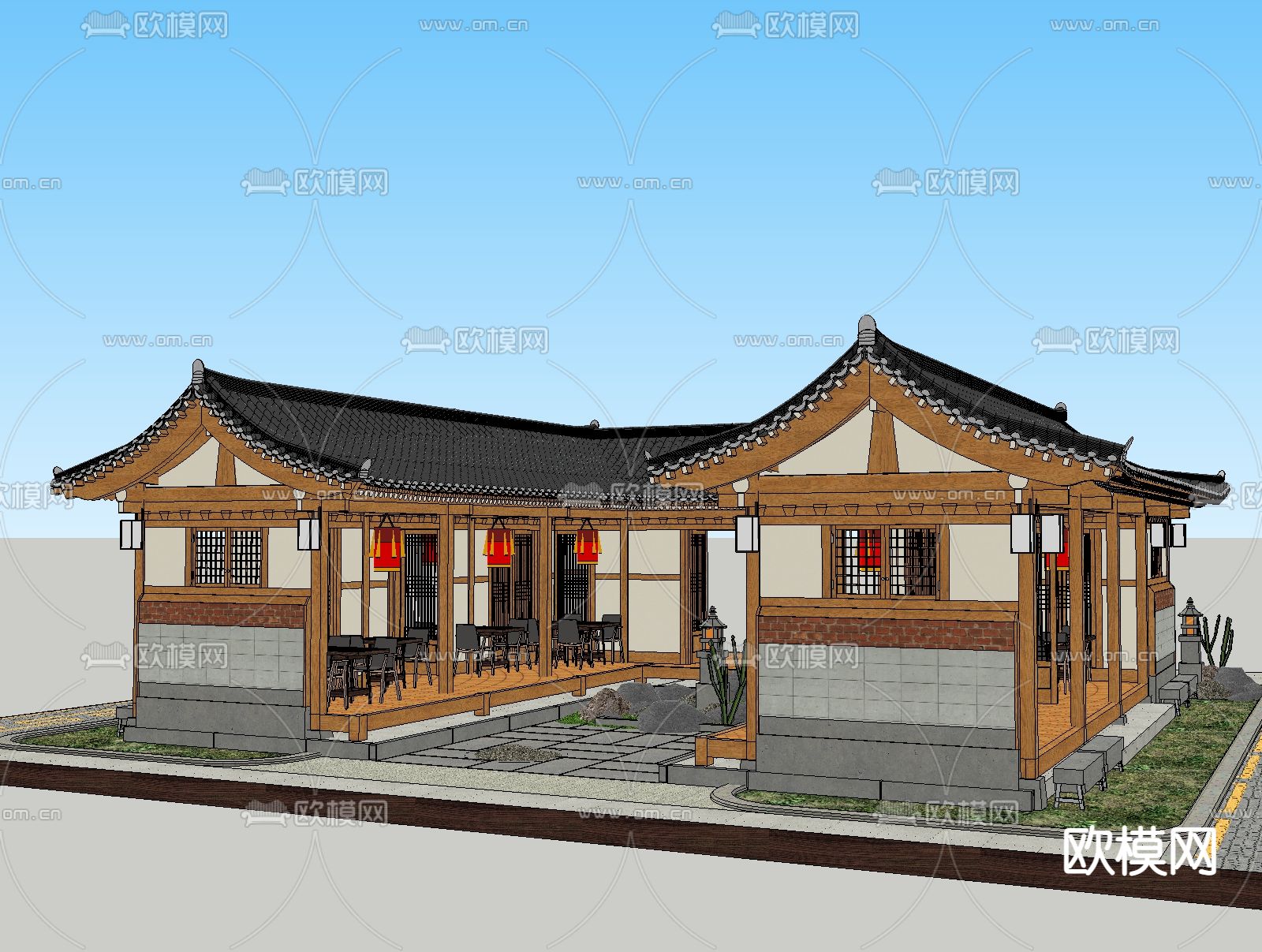 中式商业民宿外观su模型下载（渲染图2）