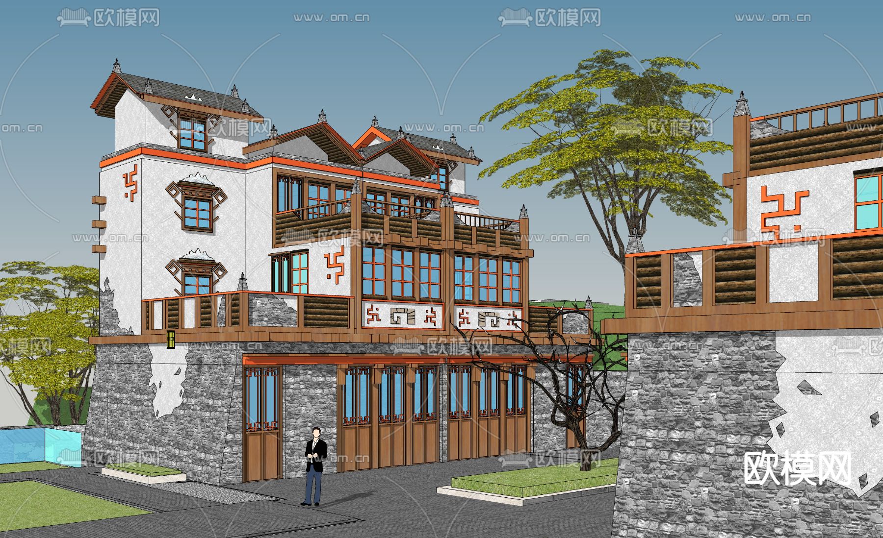 新中式民宿外观su模型下载（渲染图1）