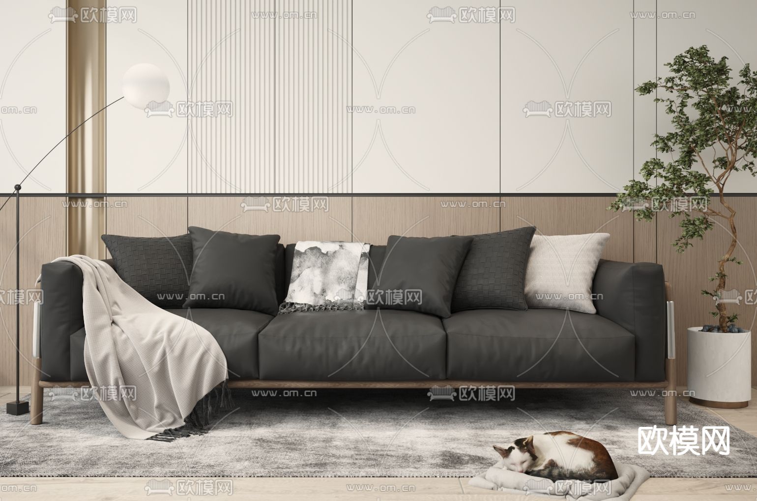 黑色多人沙发 三人沙发3d模型下载