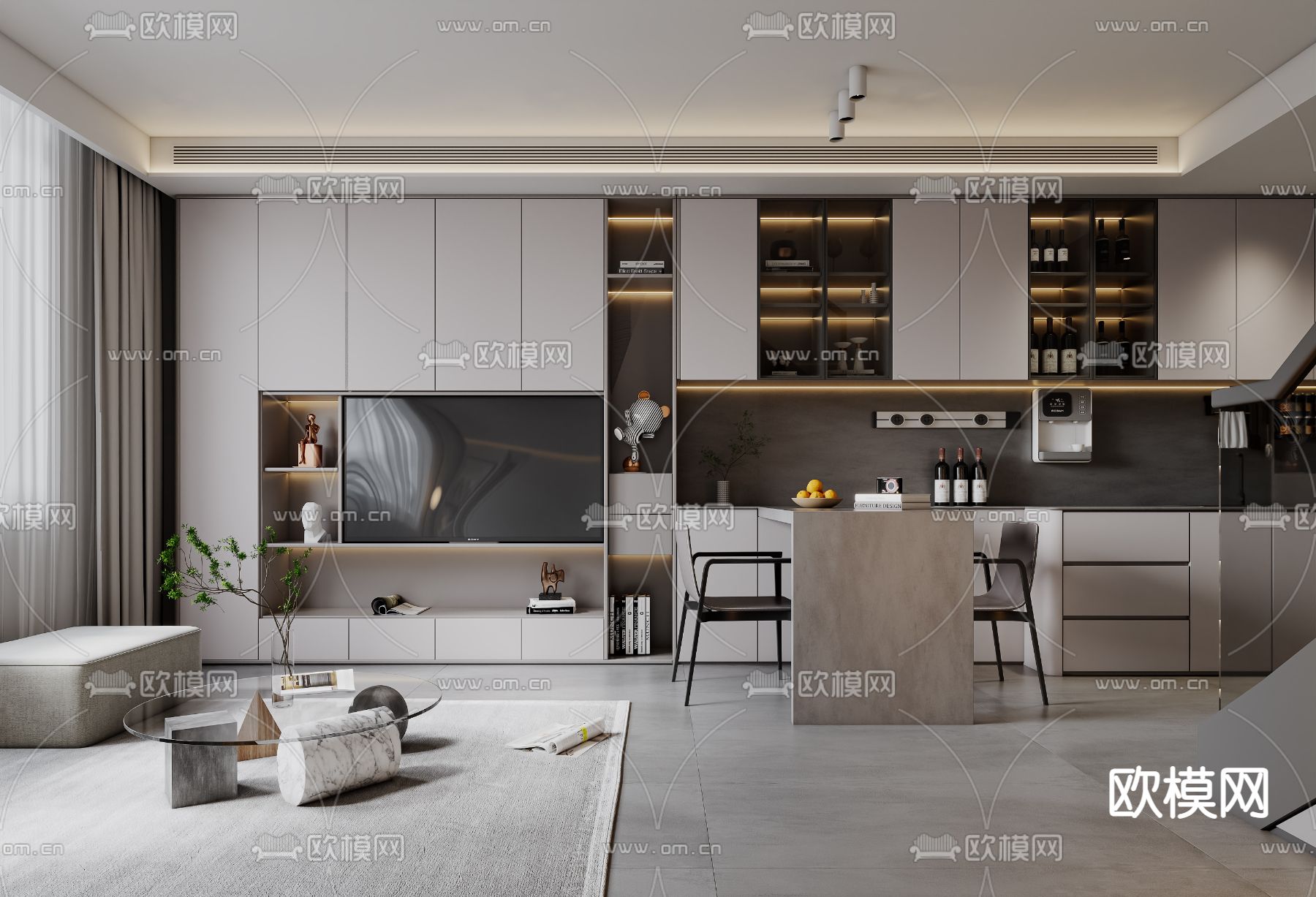 高级灰复式公寓3d模型下载（渲染图2）