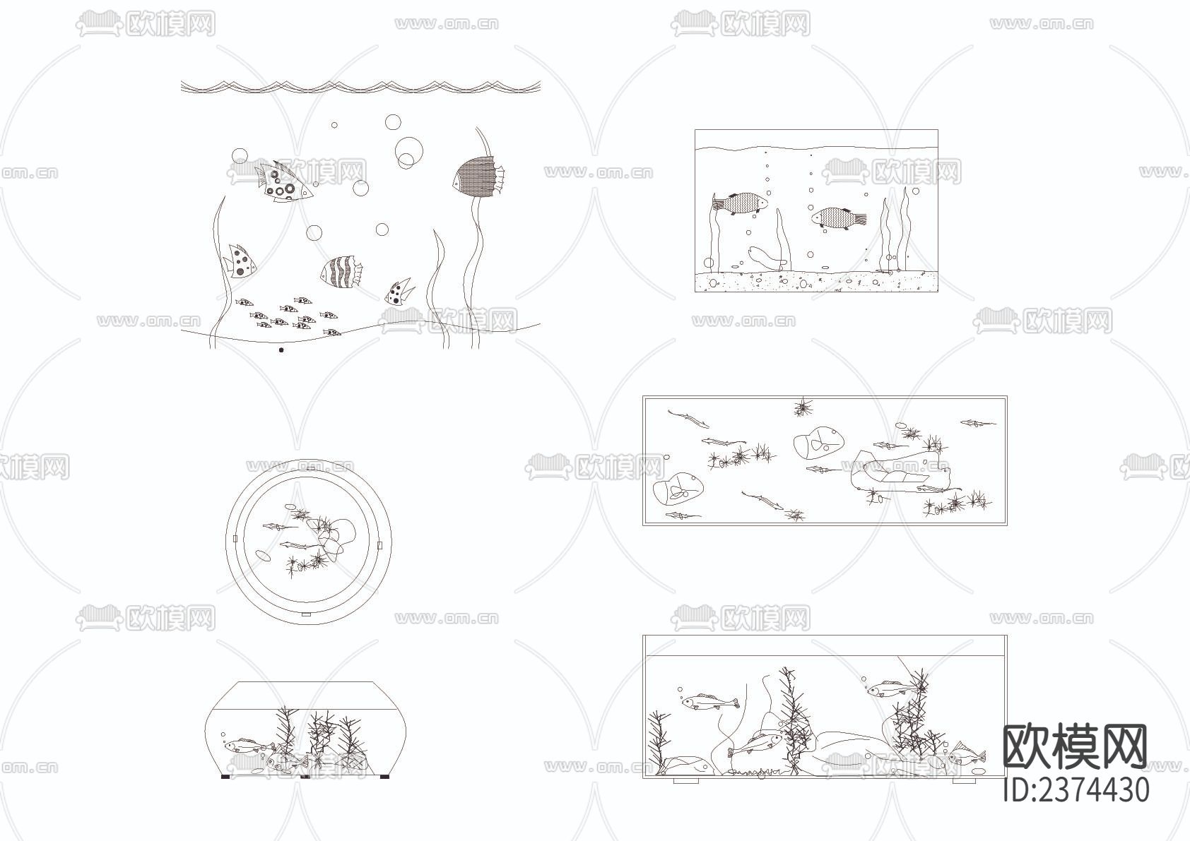 鱼缸动物cad平面图库下载（渲染图1）