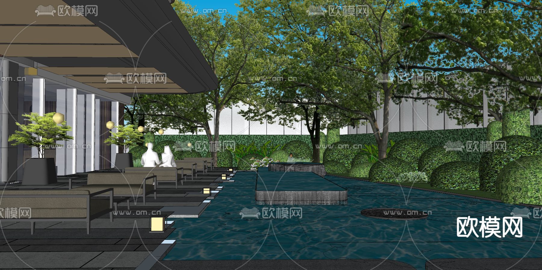 现代豪宅小区园林景观su模型下载（渲染图1）