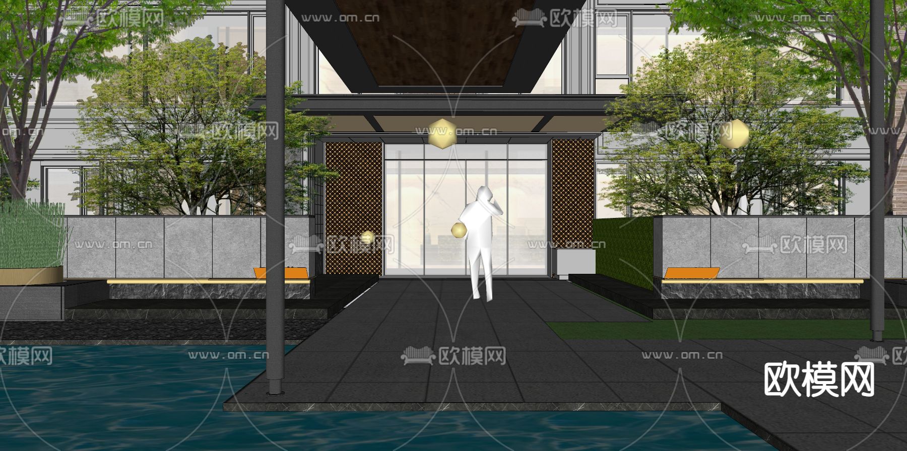 现代豪宅小区园林景观su模型下载（渲染图5）