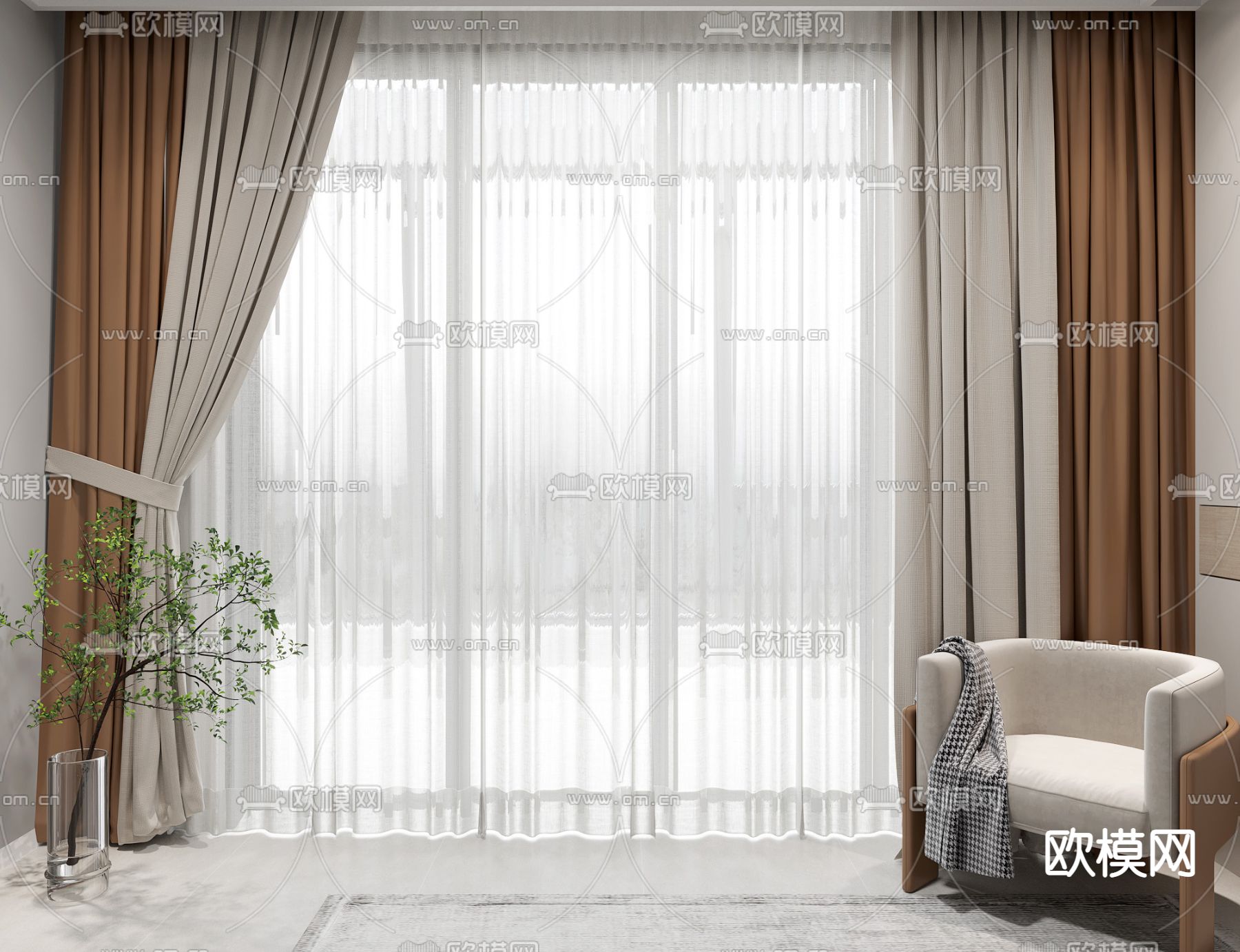 现代布艺窗帘免费3d模型下载