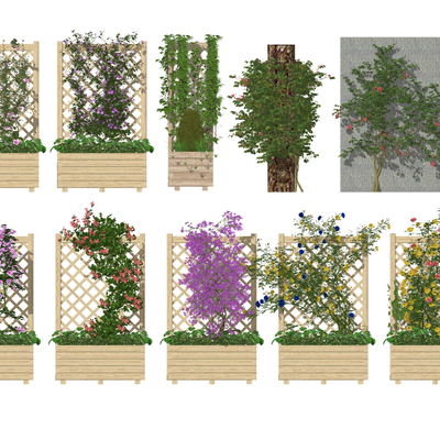 现代木制花架 篱笆 绿植墙su模型