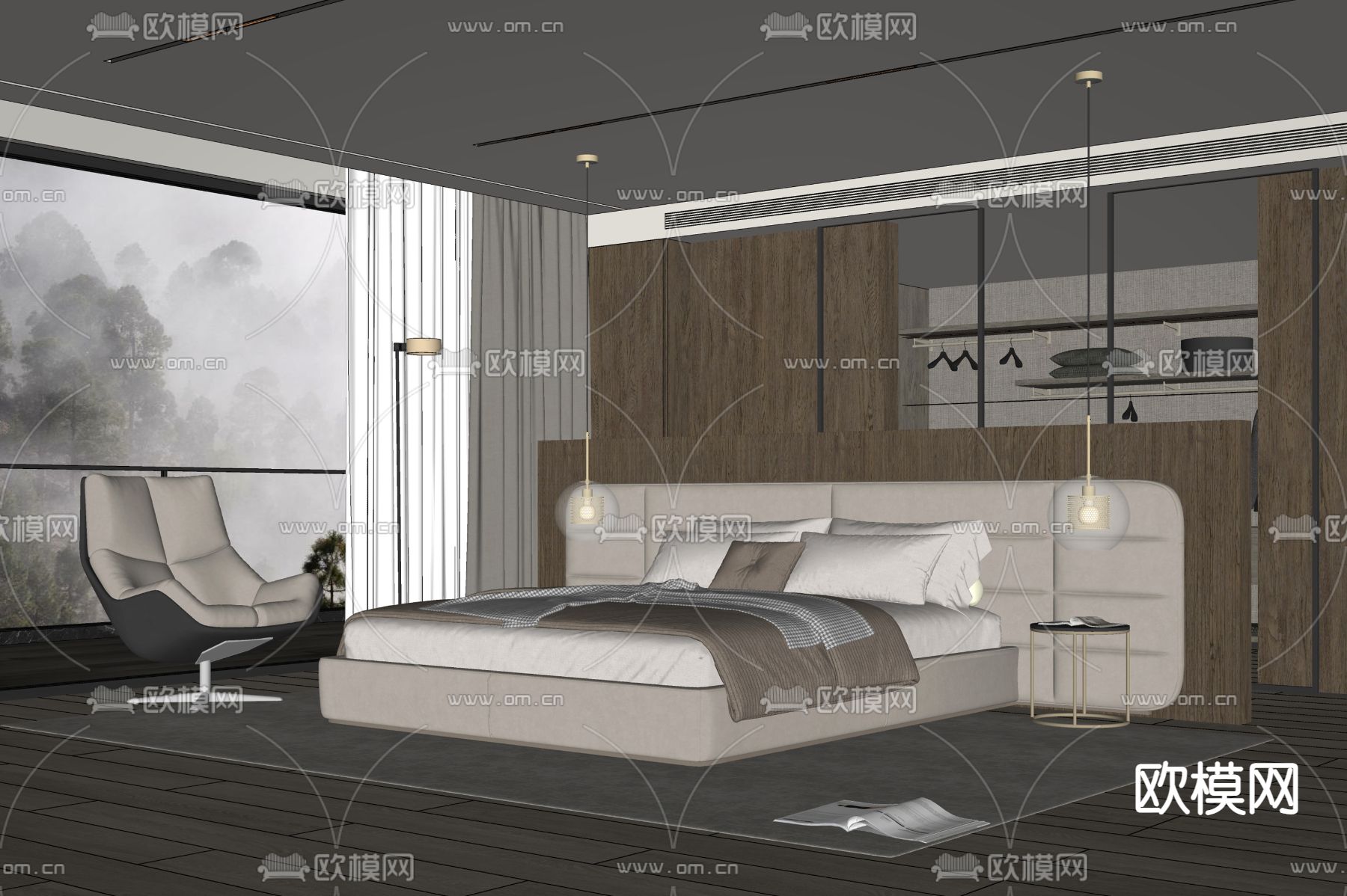 Minotti 现代双人床su模型下载（渲染图2）