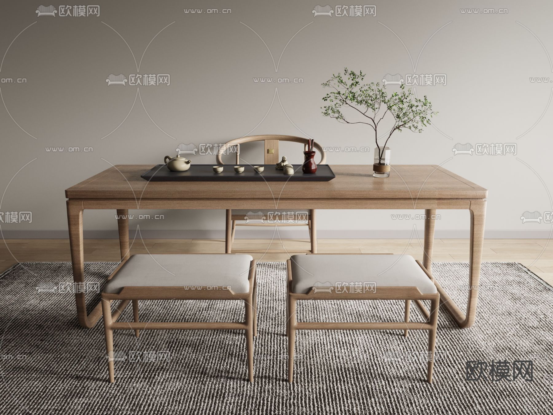 新中式茶桌椅su模型下载（渲染图1）