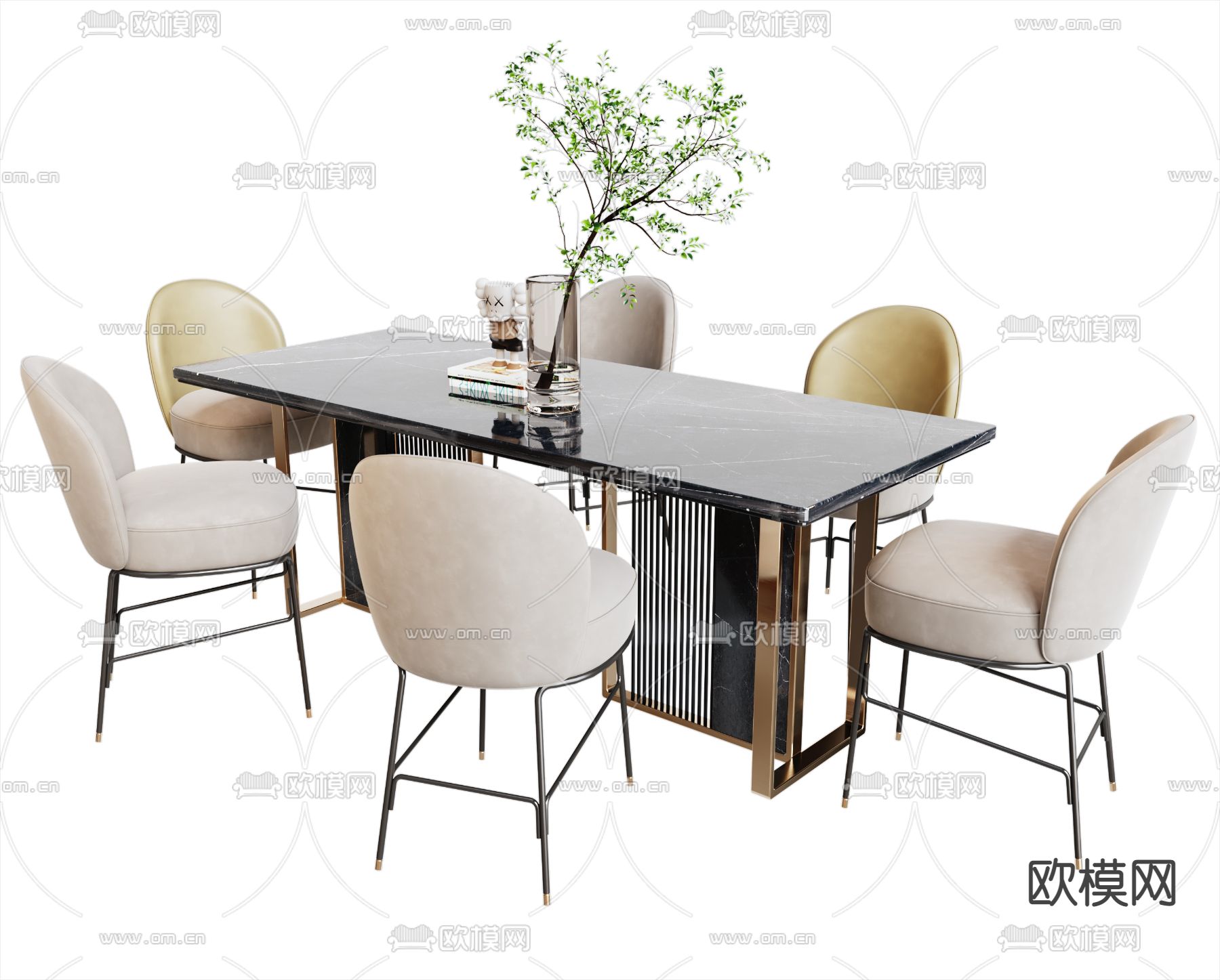 轻奢条形餐桌椅3d模型下载
