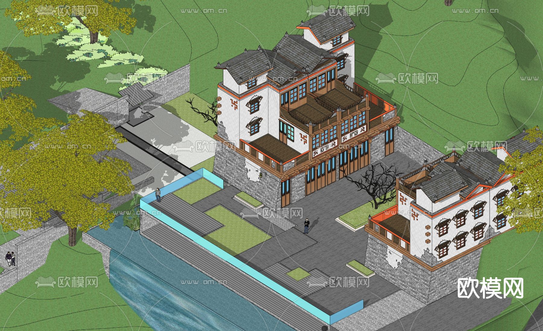 新中式民宿外观su模型下载（渲染图2）