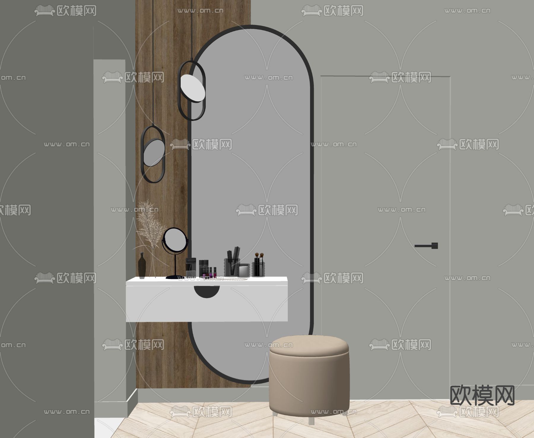 现代梳妆台 全身镜su模型下载（渲染图2）