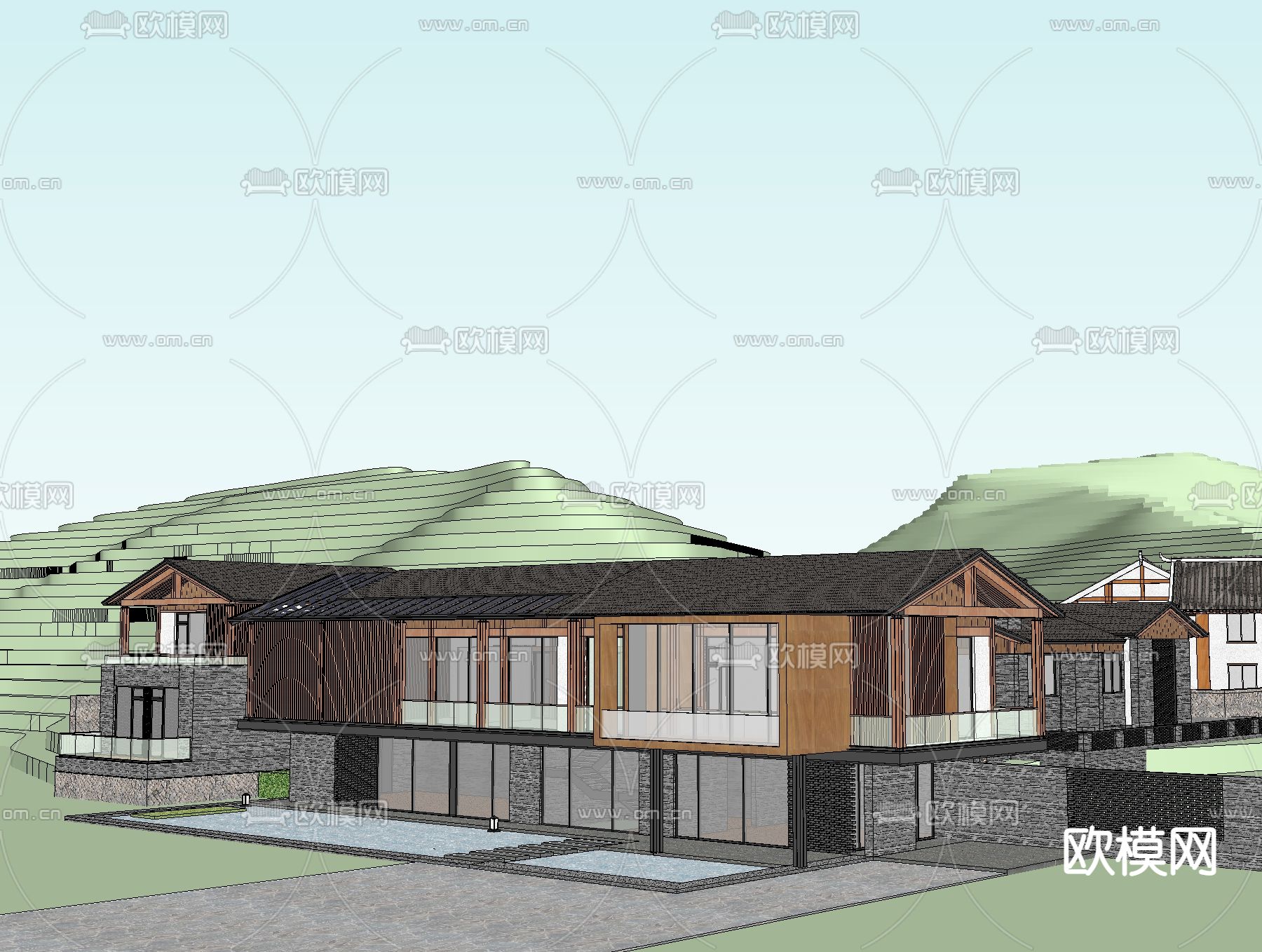 新中式民宿建筑外观su模型下载_ID12203102_sketchup模型下载-欧模网