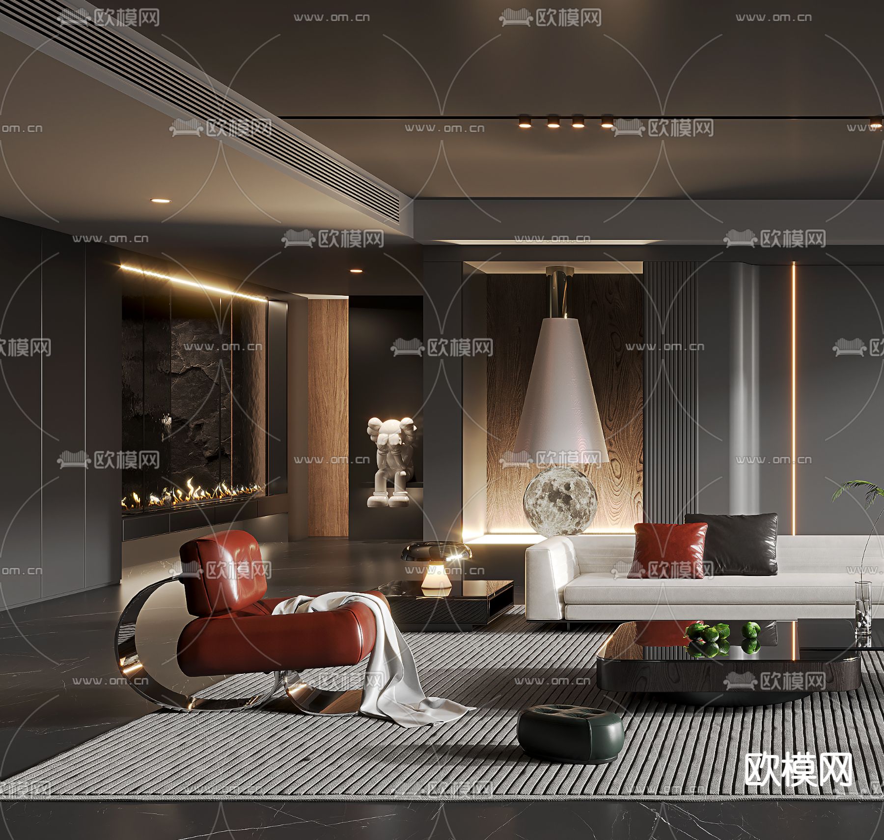 暗黑风客厅3d模型下载（渲染图2）