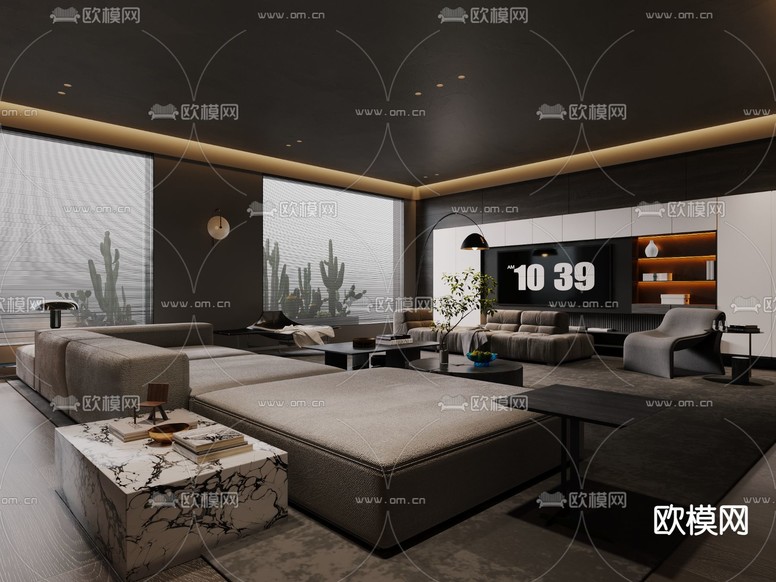 暗黑风客厅3d模型下载(渲染图2)