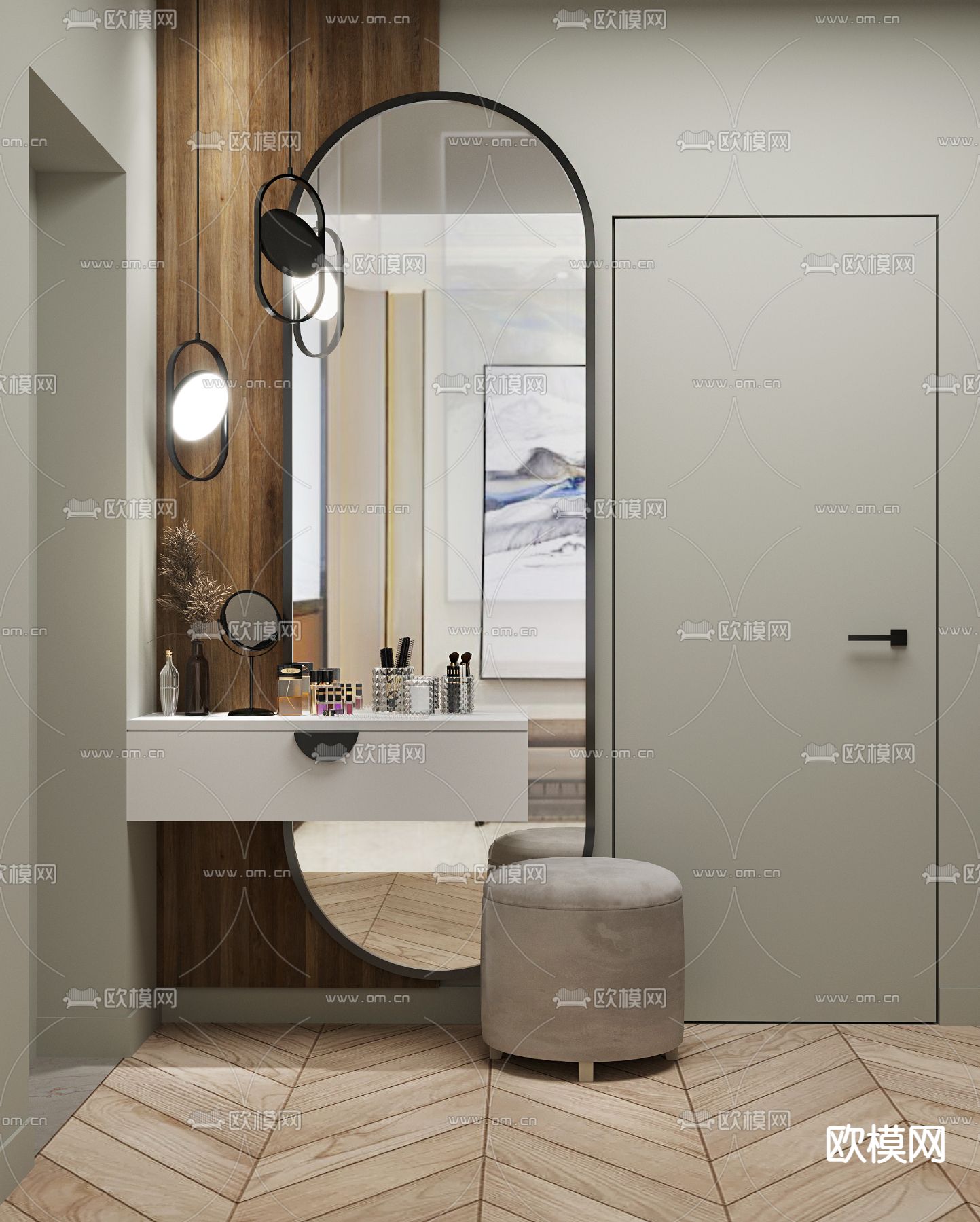 现代梳妆台 全身镜su模型下载（渲染图1）