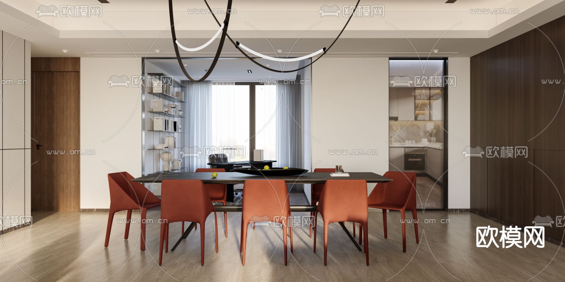 现代客厅餐厅免费3d模型下载（渲染图2）