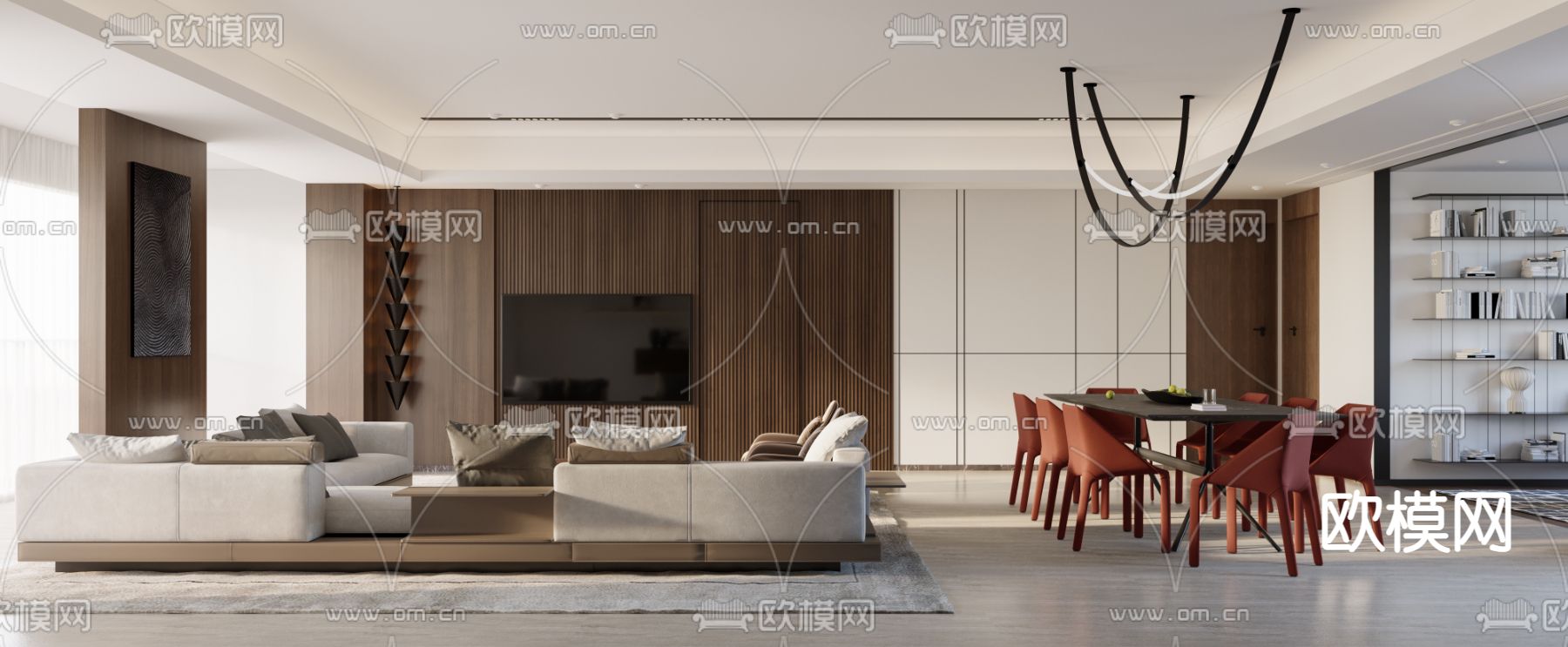 现代客厅餐厅免费3d模型下载（渲染图3）