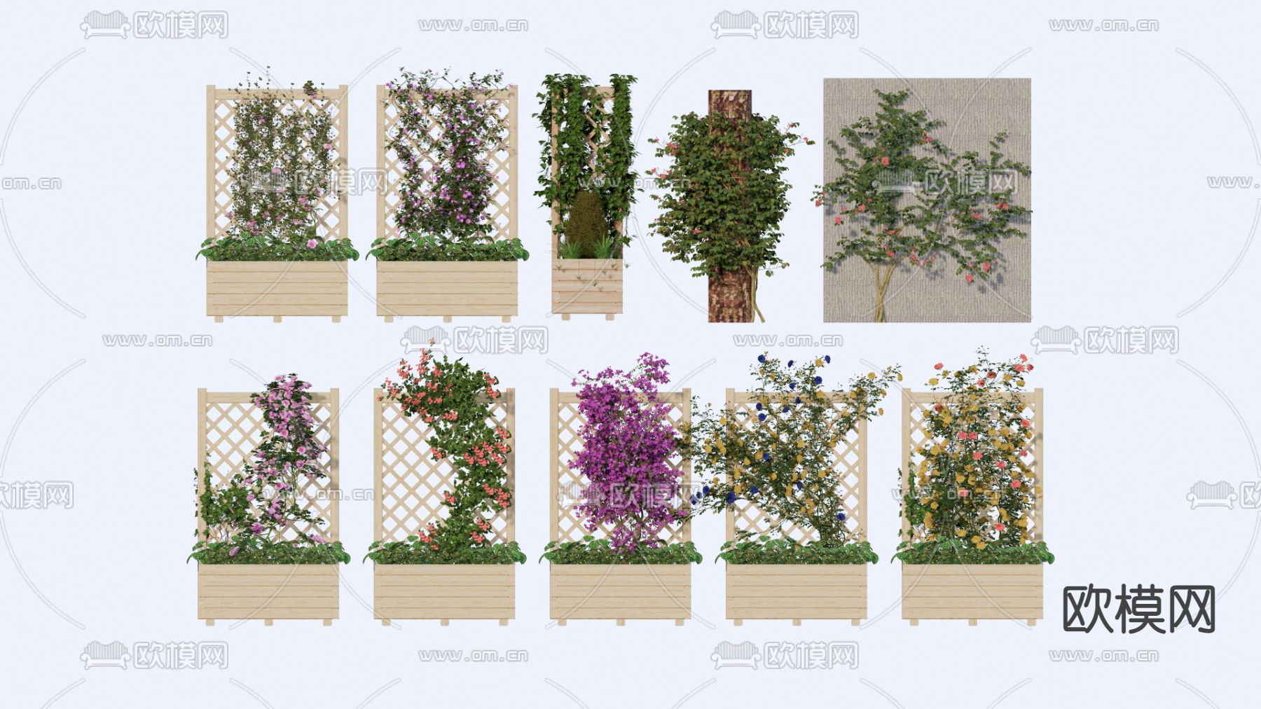 现代木制花架 篱笆 绿植墙su模型