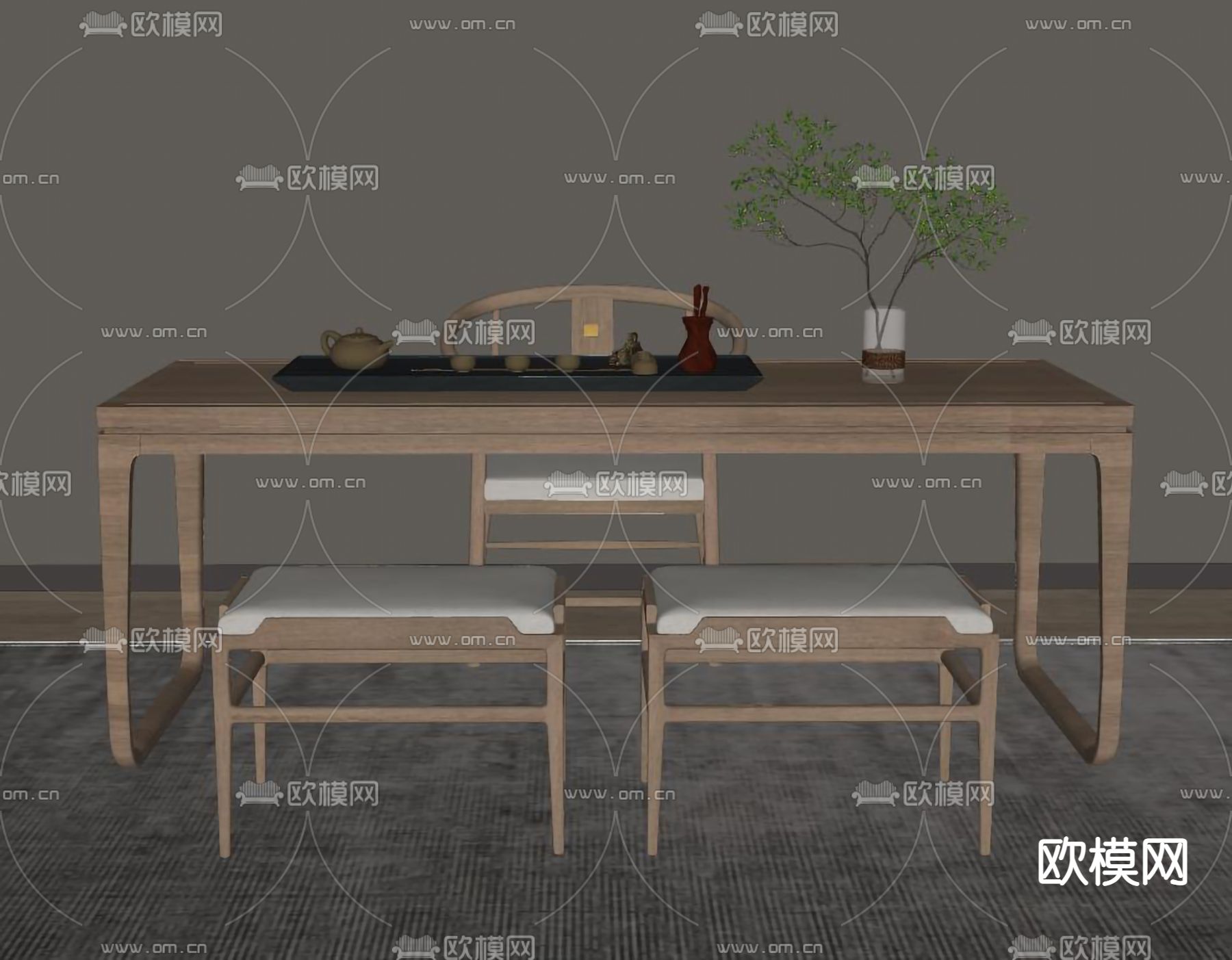新中式茶桌椅su模型下载（渲染图2）