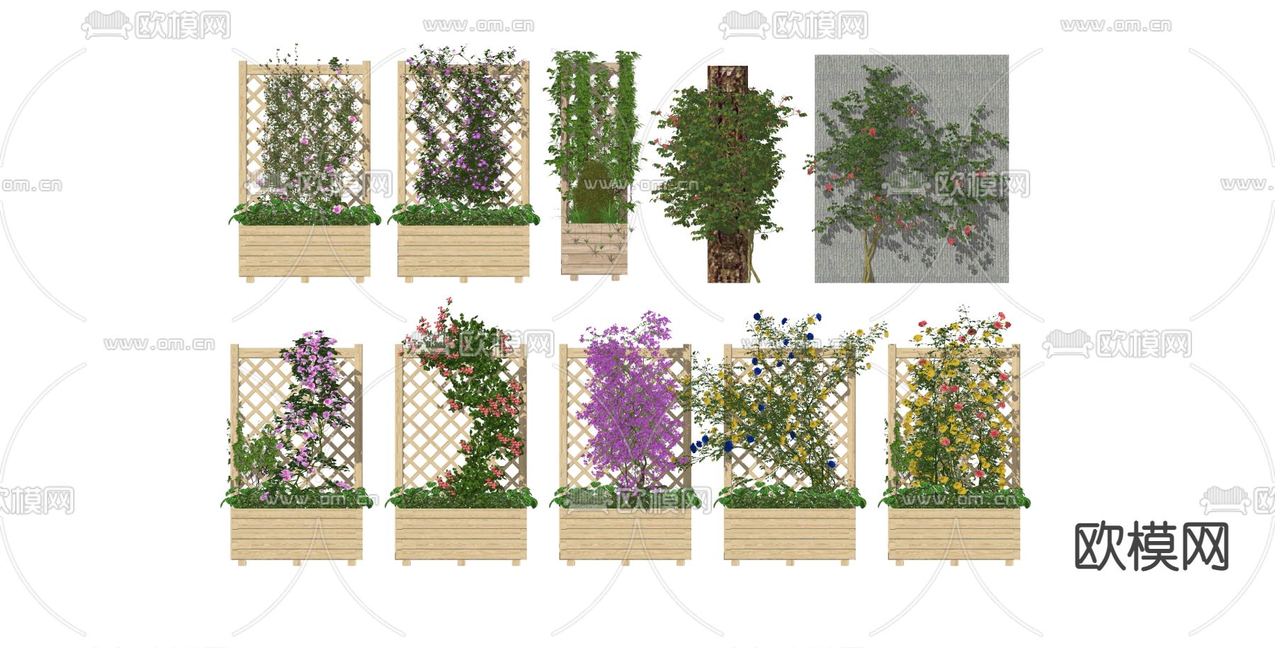 现代木制花架 篱笆 绿植墙su模型