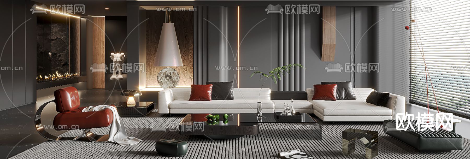 暗黑风客厅3d模型下载（渲染图3）