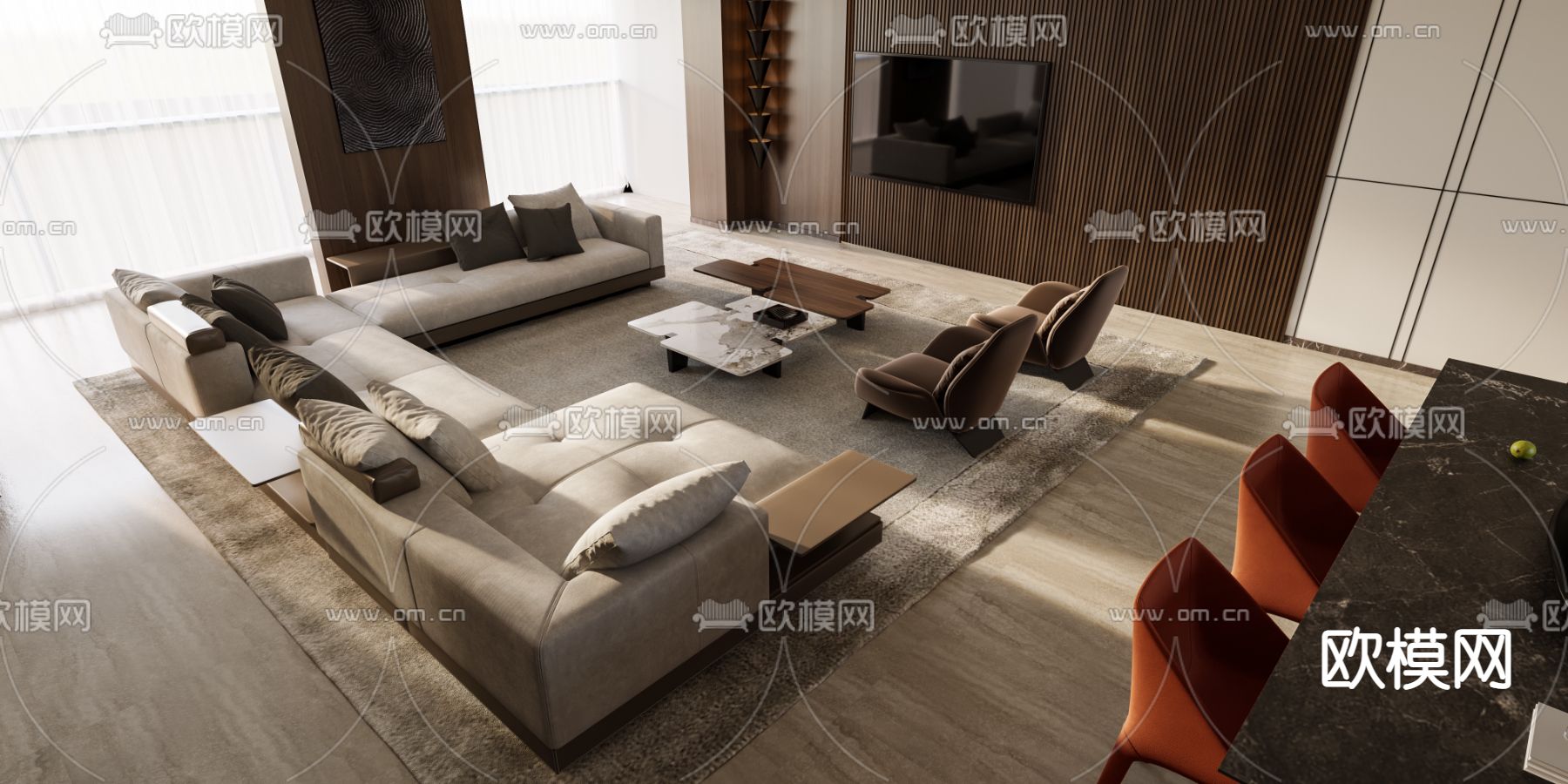 现代客厅餐厅免费3d模型下载（渲染图4）
