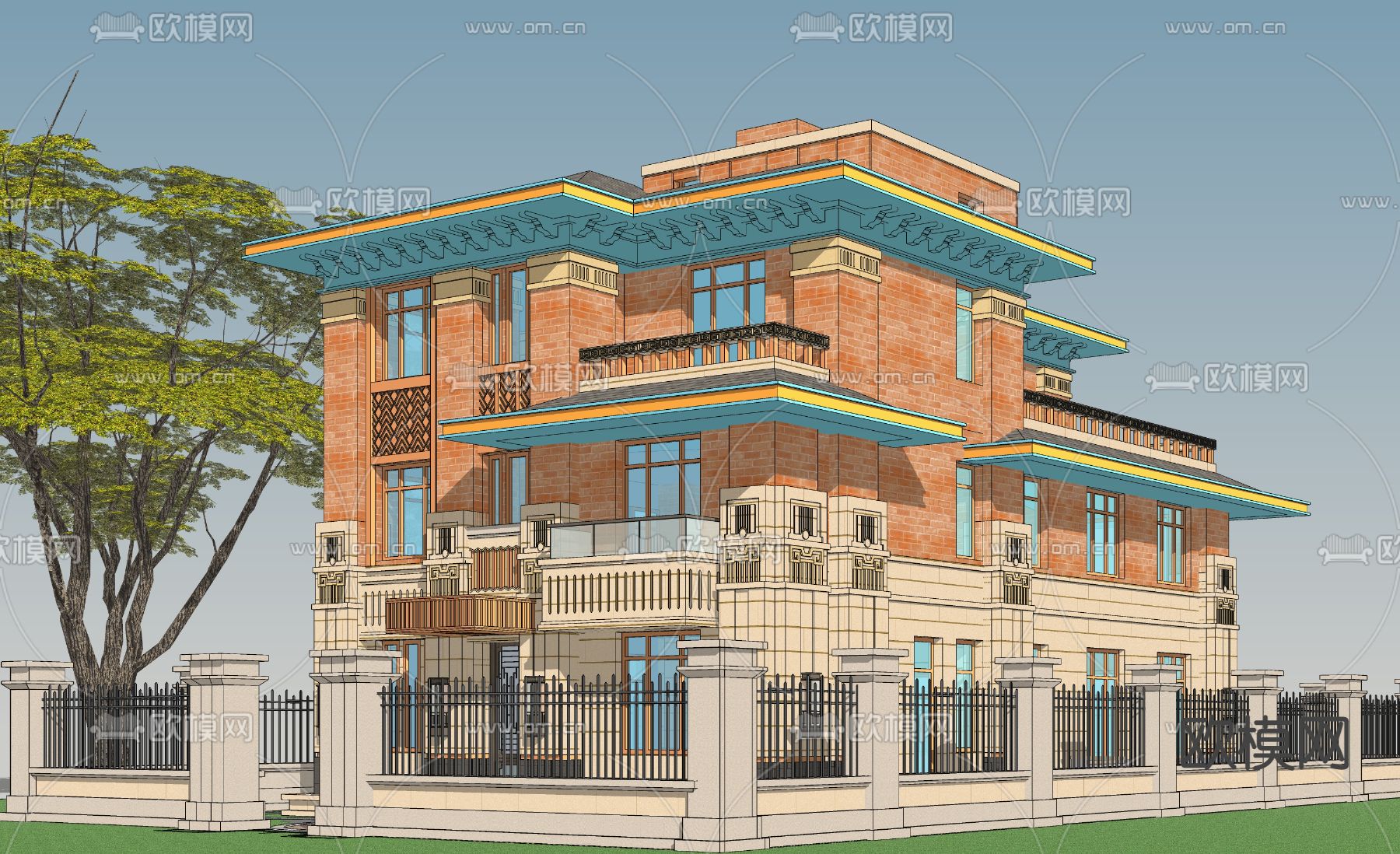 欧式独栋别墅su模型下载（渲染图1）