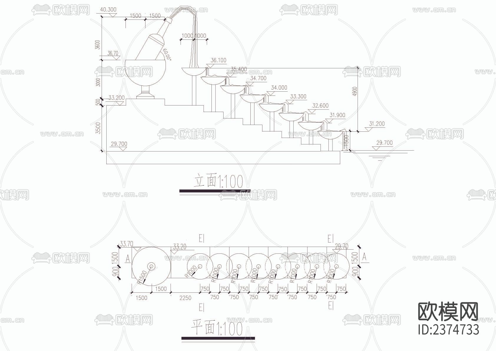园林小品九泉叠水CAD施工图下载（渲染图2）