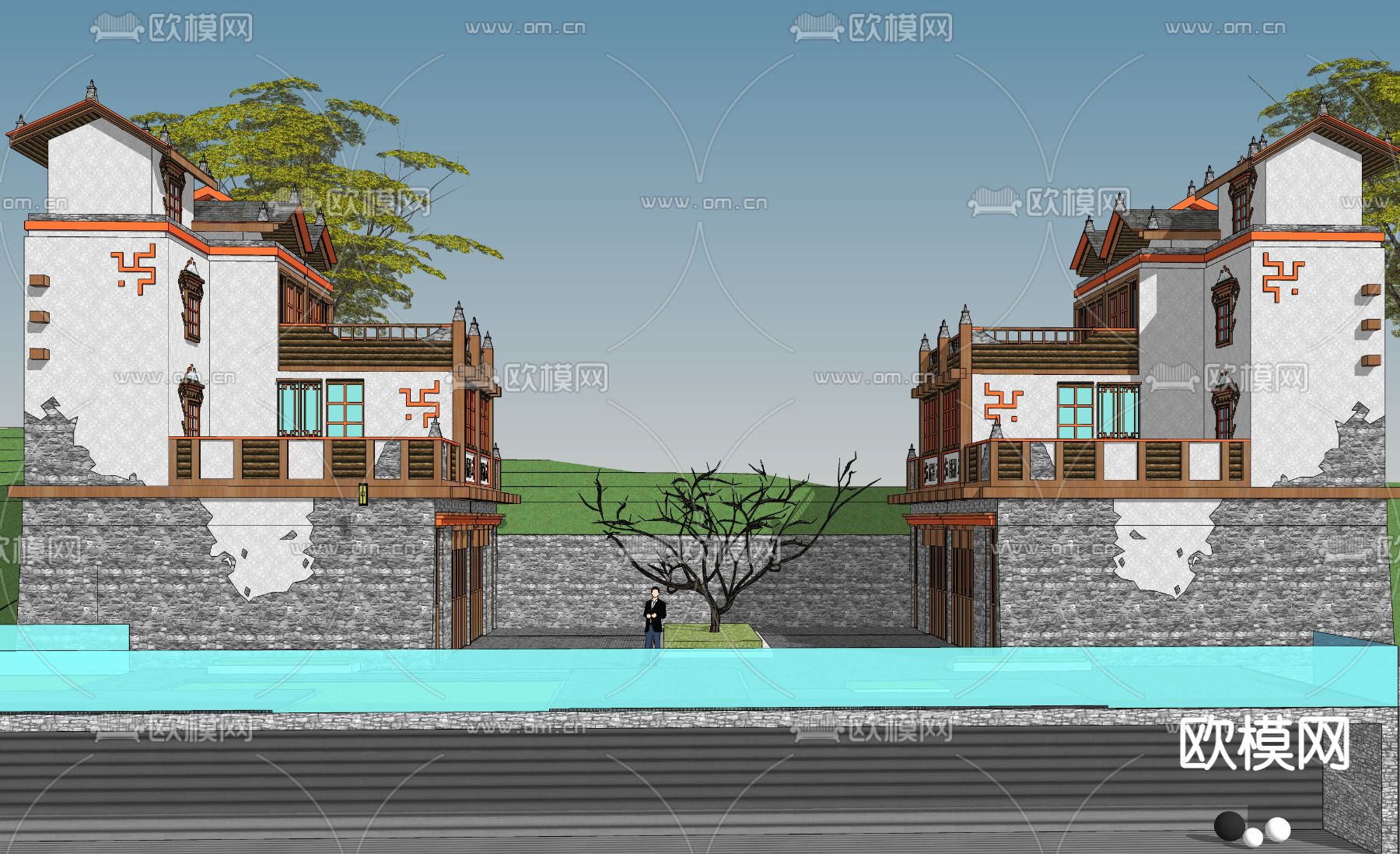 新中式民宿外观su模型下载（渲染图4）
