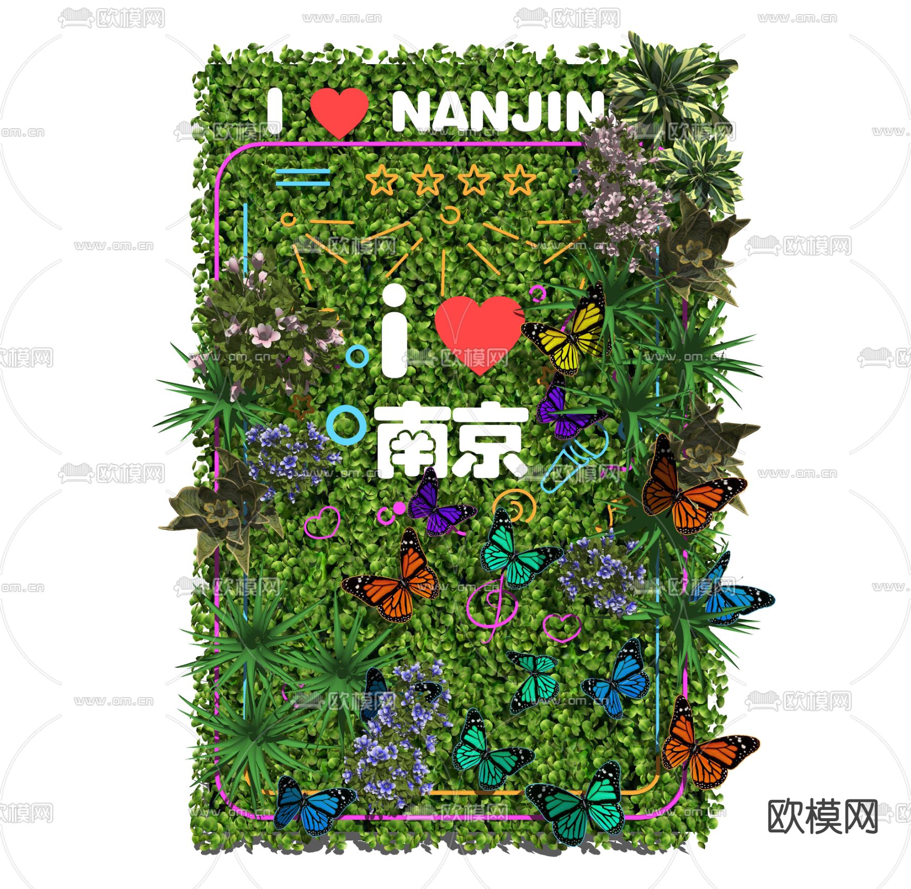 现代霓虹灯 植物墙su模型下载（渲染图2）