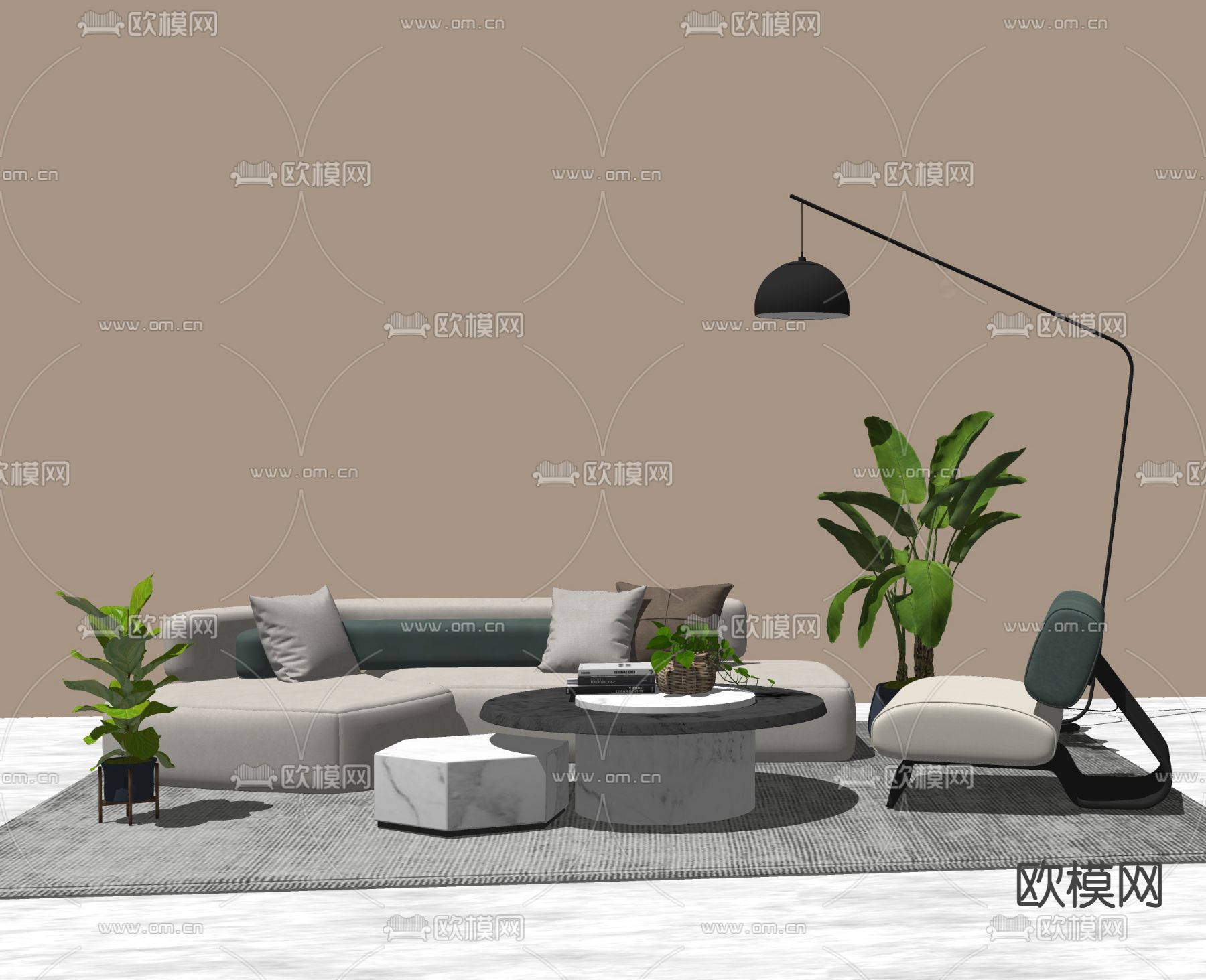 现代沙发茶几组合su模型下载（渲染图1）