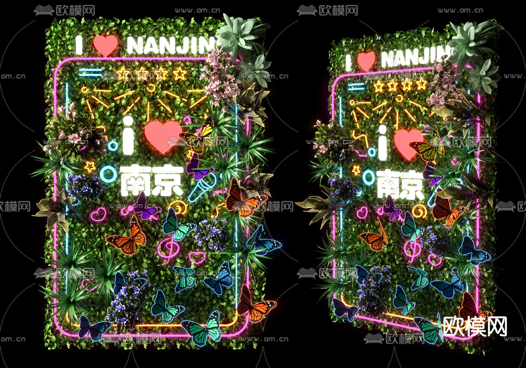 现代霓虹灯 植物墙su模型下载（渲染图1）