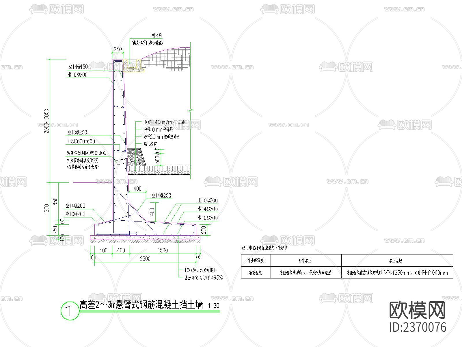 3m及以下挡土墙CAD节点大样下载（渲染图1）