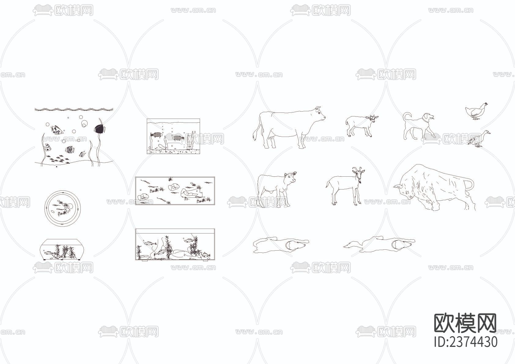 鱼缸动物cad平面图库下载（渲染图2）