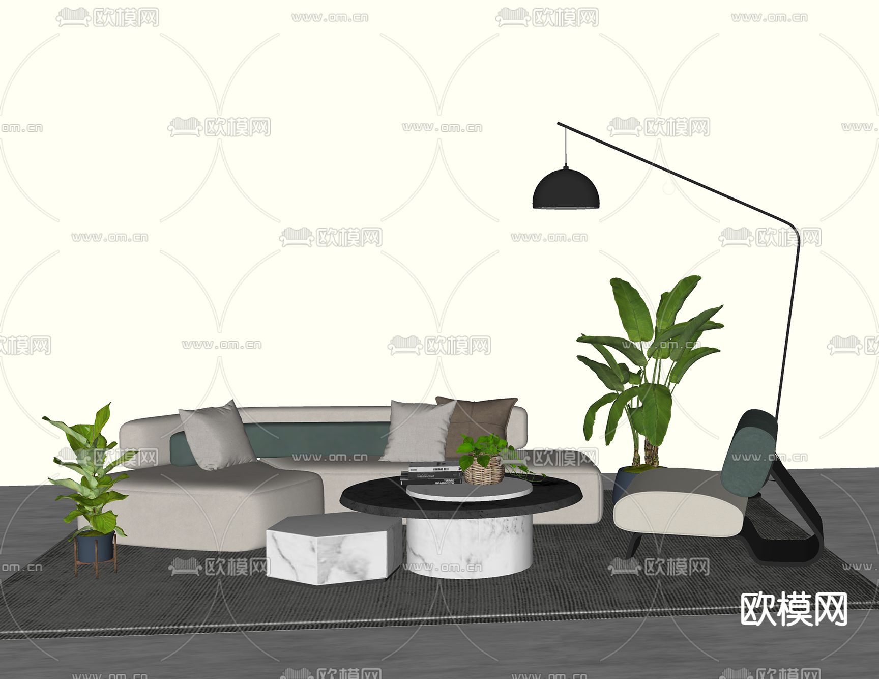 现代沙发茶几组合su模型下载（渲染图2）