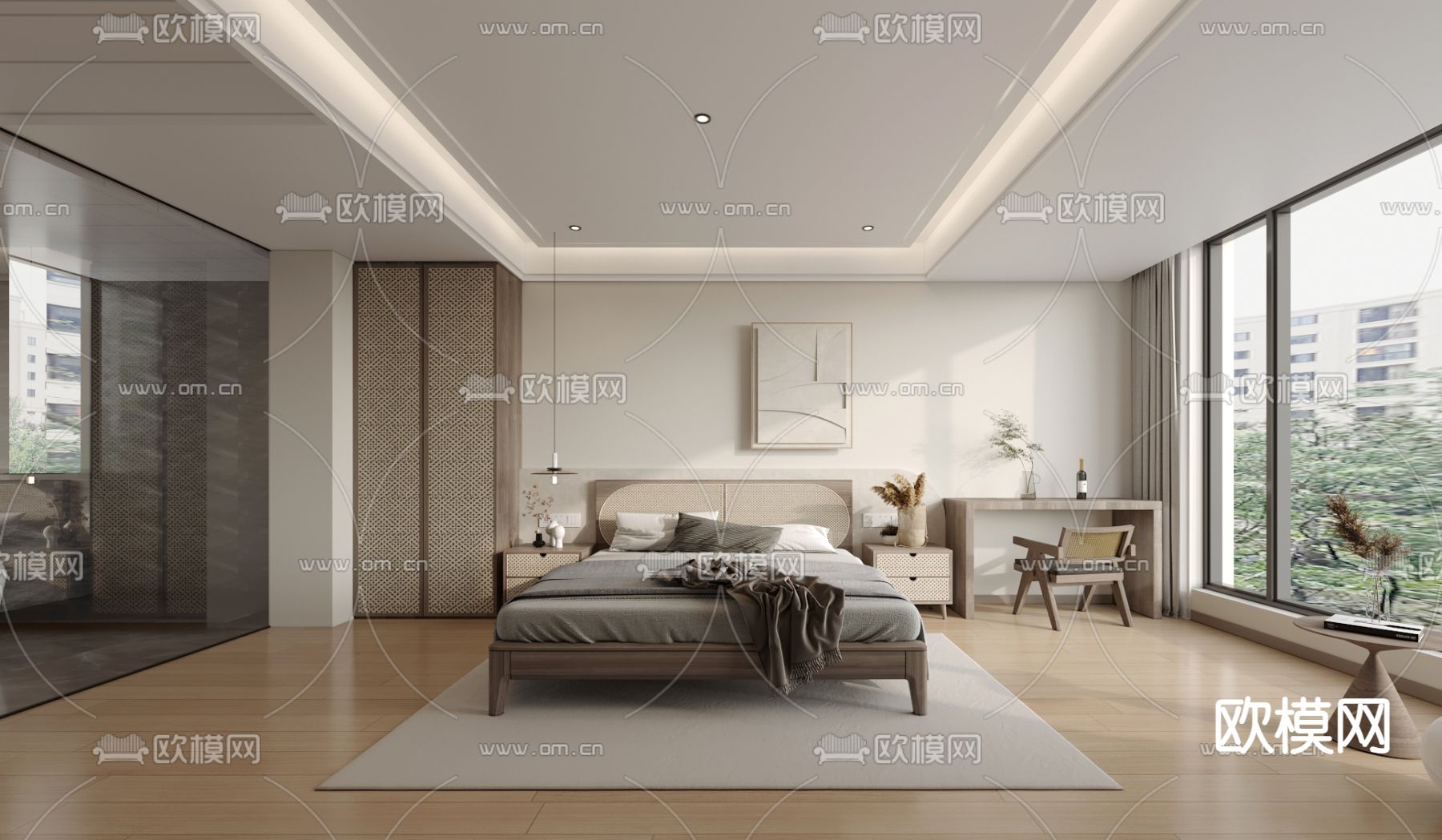 现代卧室 主人房免费3d模型下载（渲染图1）