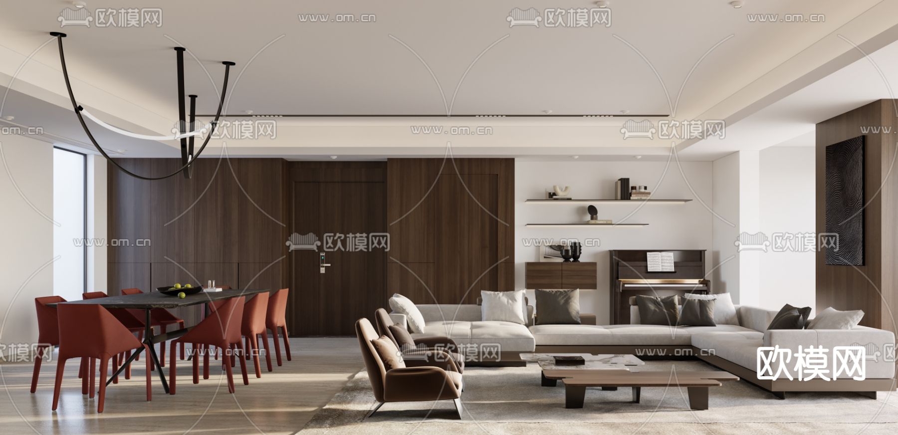 现代客厅餐厅免费3d模型下载（渲染图1）