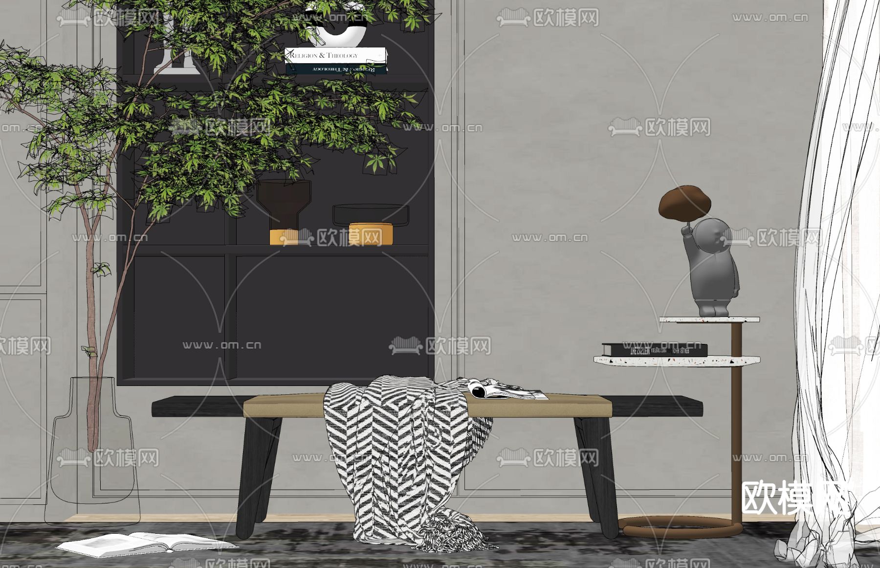 现代轻奢沙发凳su模型下载（渲染图2）