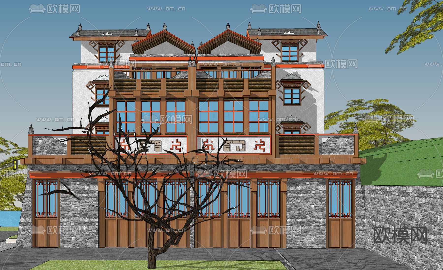 新中式民宿外观su模型下载（渲染图3）