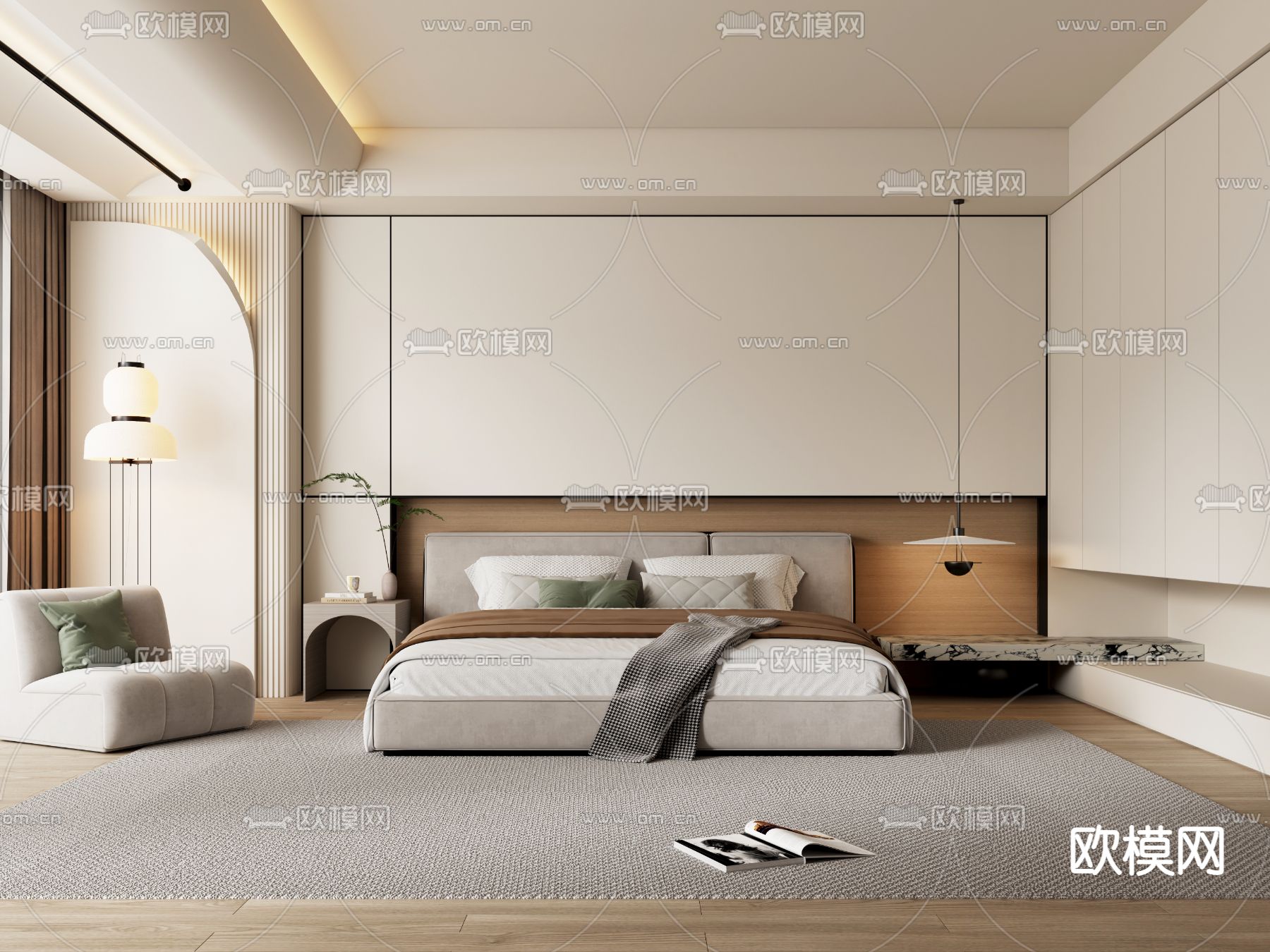 侘寂风卧室 主人房su模型下载（渲染图1）