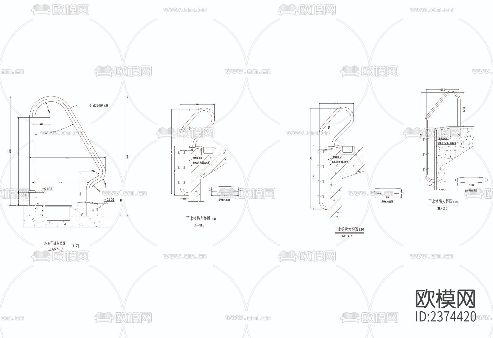 游泳池下水扶梯cad大样图下载（渲染图1）