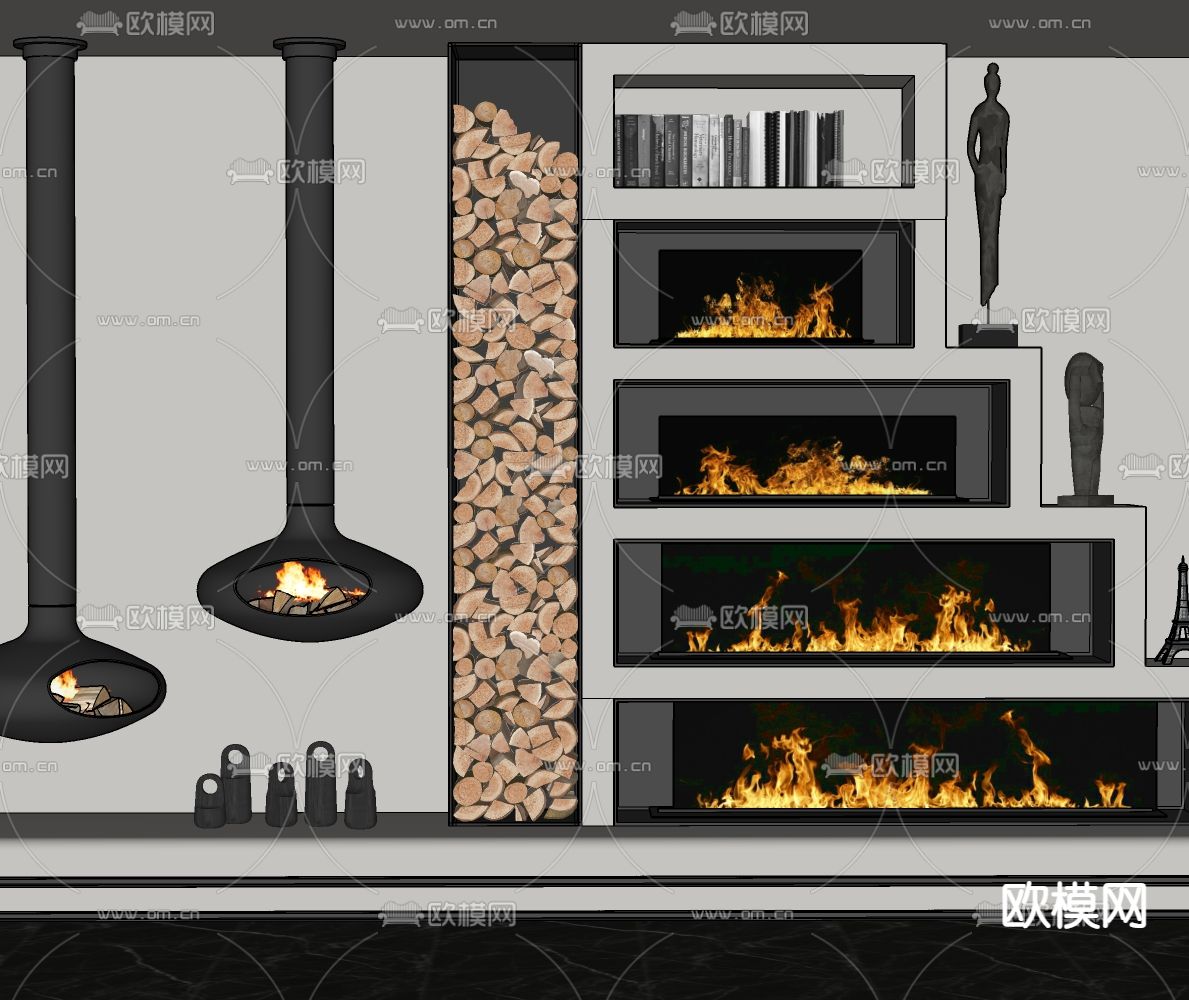 现代壁炉柴火su模型下载（渲染图2）
