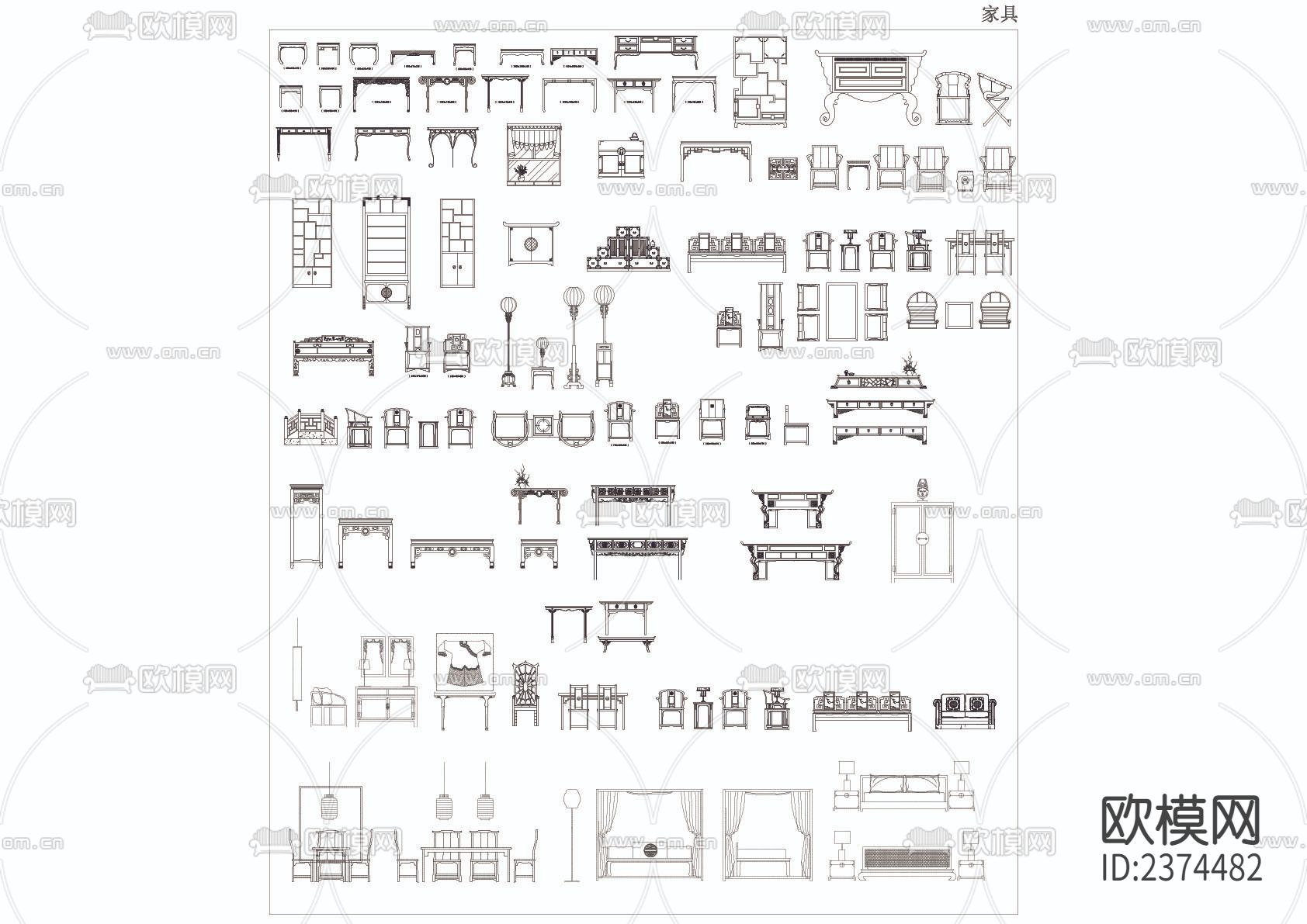 中式家具构件CAD图库下载（渲染图2）
