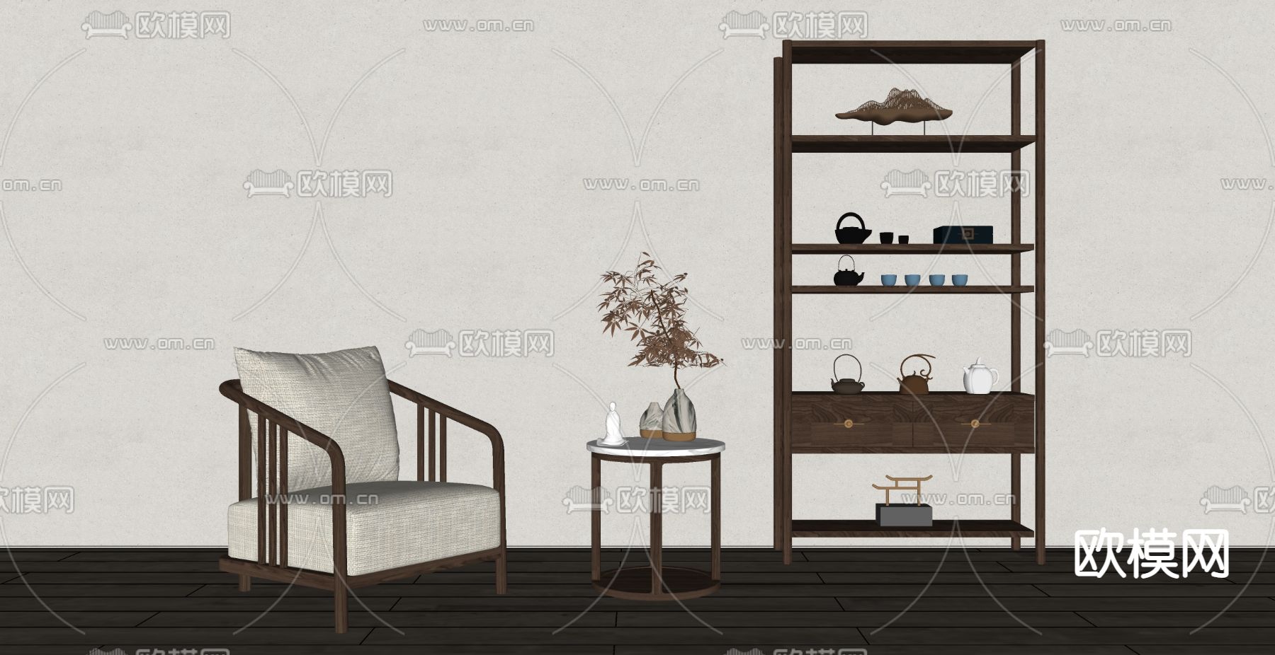 新中式休闲沙发su模型下载（渲染图2）