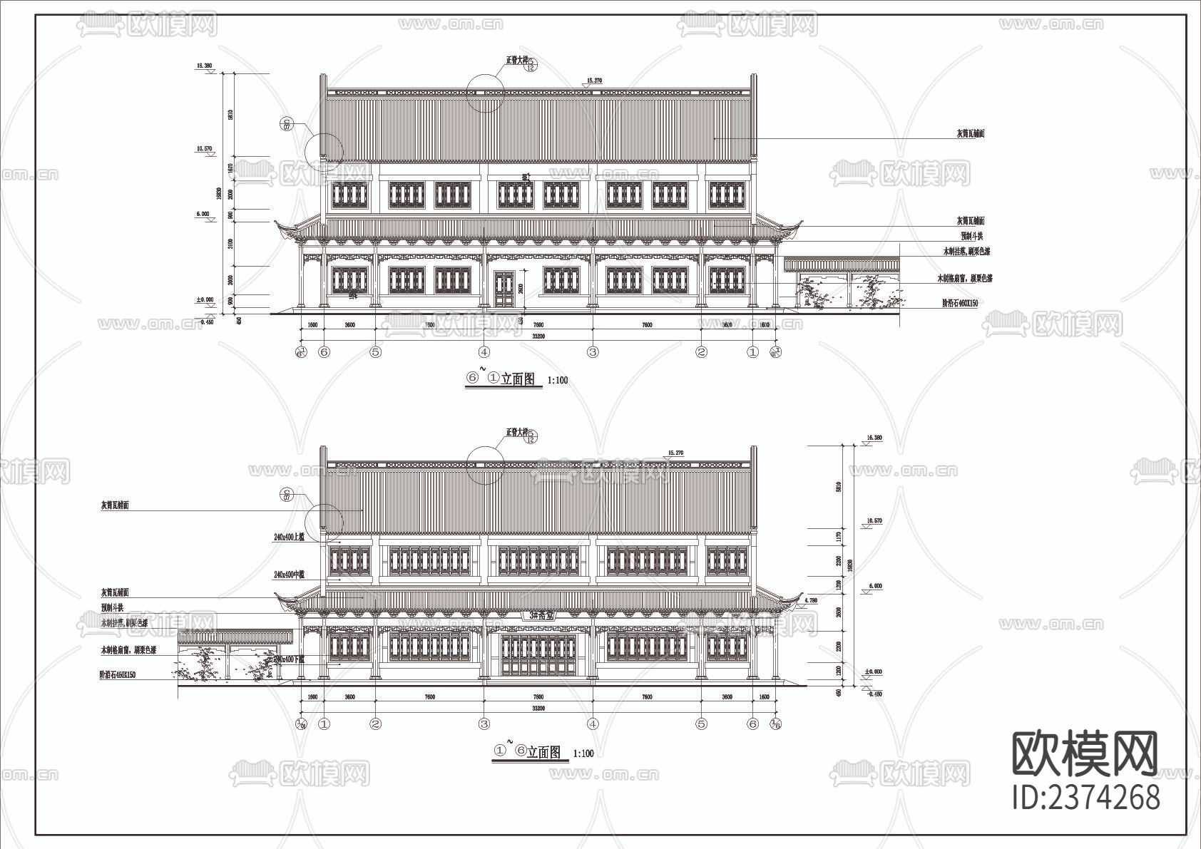 某寺两套斋堂建筑CAD施工图下载（渲染图10）