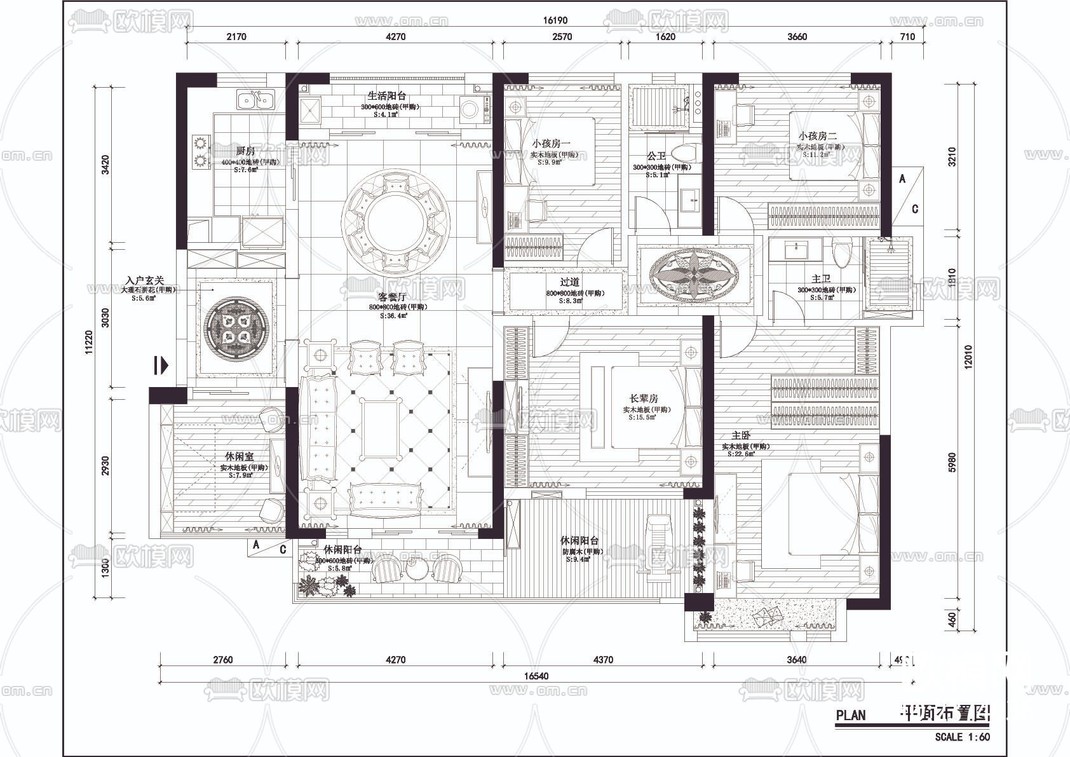 五室大平层室内家装CAD施工图-免费3dmax模型库-欧模网