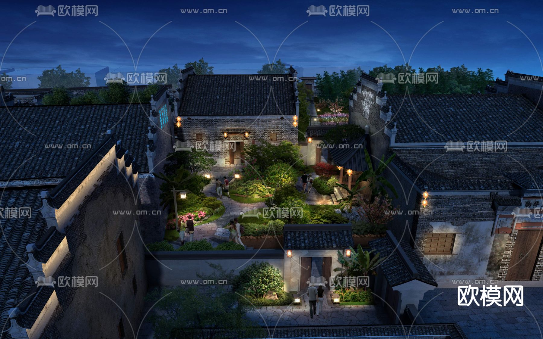 中式四合院民宅夜景psd下载